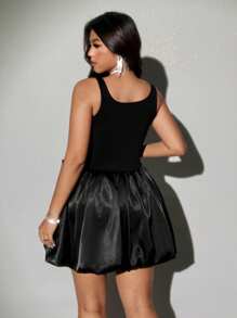 Viva Relle 大码无袖花朵泡泡袖连衣裙，甜美优雅 - 黑色 - 查看 6