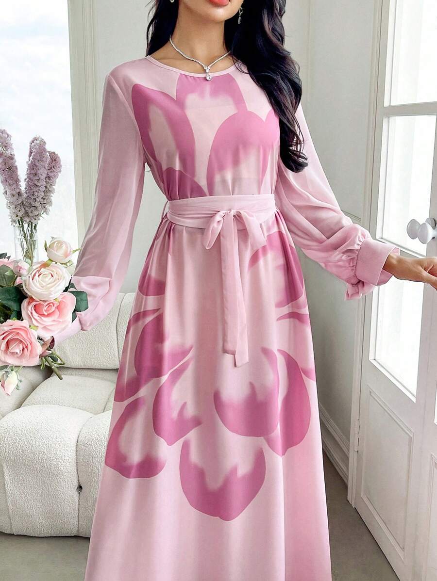 Modelyn 超大法式袖定位花卉印花连衣裙，适合春夏季 - 粉色 - 查看 1