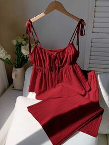 Comfortcana 夏季亚麻栗色背心和长裤套装 - 玫瑰紅 - 查看 3