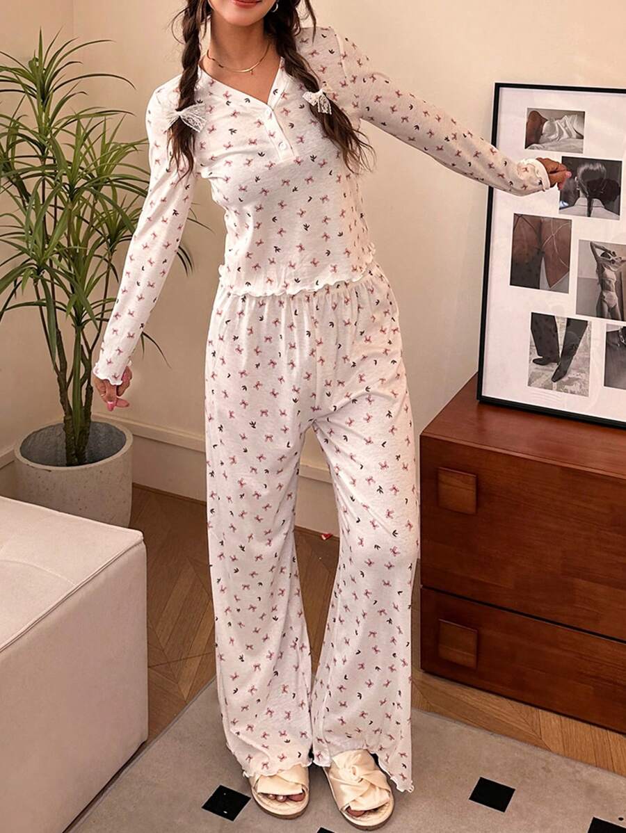 SHEIN Tween Girl Cute Sweet Minimalist Colorful Bow Pattern V-Neck Half-Open Front Ruffle Trim Long Sleeve & Pants Soft Comfortable Pajama Set, 2pcs