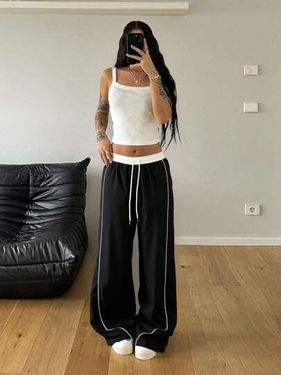 StreetHx 女士撞色抽绳腰阔腿宽松休闲裤