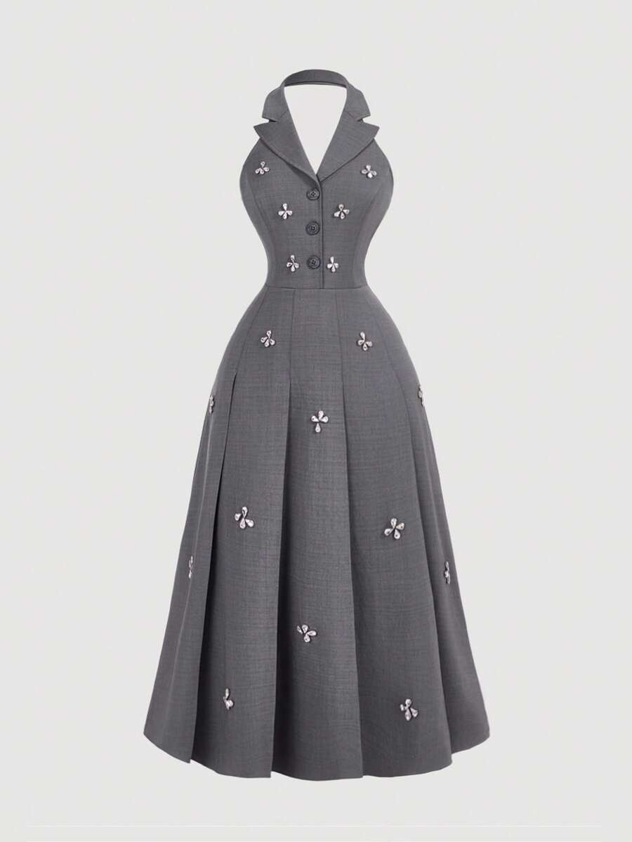 SHEIN MOD Halter Stand Collar Ruched Beaded Decor Grey Midi Dress,Old Money Style,Vintage, Elegant,Preppy Style Uniform Dress - Light Grey - View 1