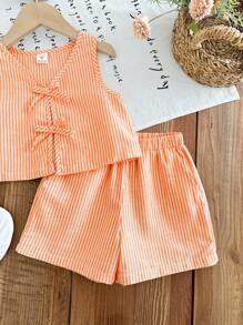 Emery Rose Kids Emery Rose Kids 2pcs Young Girl Set: Woven Striped Round Neck Top And Woven Shorts - Orange - View 5