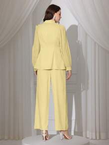 Modelyn 2pcs Set Women Chiffon Pleated Bow Decor Blazer Jacket And Pants, Spring/Summer Fall Cloth For Women - Yellow - View 2