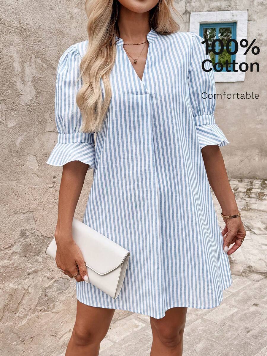 SHEIN Clasi Sommer elegantes Damen V-Ausschnitt Baumwolle und gestreiftes Kurzarm Kleid, mit mikroversteckter Taille, A-Linie