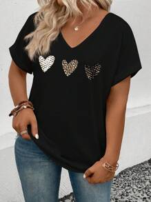 INAWLY Plus Size Women Heart & Leopard Print Loose V-Neck Short Sleeve T-Shirt, Casual Style - Black - View 3