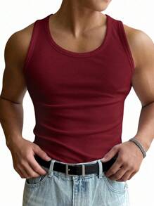 Manfinity Sport Corelite Men's Casual Solid Color Ribbed Tank Top, Versatile For Summer - Burgundy - View 1