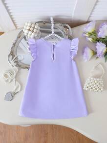 SHEIN Váy tím đơn giản thanh lịch cho bé gái mùa hè, họa tiết hoa 3D, tay áo nhún bèo nhẹ nhàng, thích hợp mặc thường ngày, ngày lễ và hàng ngày - Màu tím - Xem 4