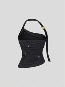 SHEIN Unity New Halter Twisted Metal Decor Sleeveless Top, Slimming, Shiny Fabric, Elegant Commuting Style Oblique Shoulder Top For Women, Summer - Black - View 2
