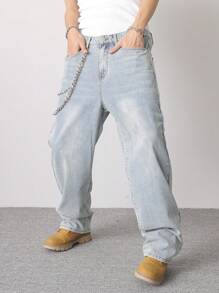 Manfinity Hypemode Plus Size Men's Fashionable Denim Jeans, Suitable For Summer Baggy Jeans Men Design City Break Work Aqua Blue Streetwear Casual - Light Wash - View 3