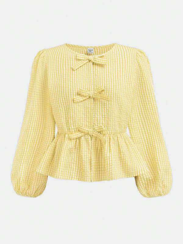 SHEIN Teen Girls Summer/Spring Round Neck Long Sleeve Casual Holiday Shirt With Bow Decoration,Ladies Cute Bow,Knot,Ruffle Hem Long Sleeve Round Neck Loose Regular Yellow Bishop Sleeve Peplum Blouses,Casual Daily Wear