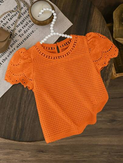 SHEIN LMoss Kids LMoss Young Girl Knitted Solid Color Round Neck Lace Ruffle Trim Fitted T-Shirt Girls Orange Summer Top Orange Short Sleeve Top Girls Textured Top
