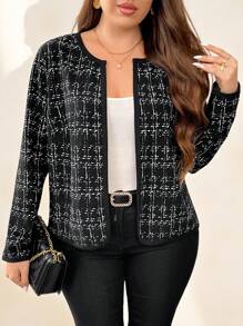 SHEIN Clasi 大尺碼優雅印花短外套，對比色邊緣，秋冬季節 - 黑與白 - 查看 4