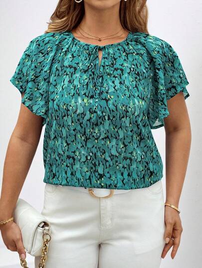 Chikora Plus Size Fashion Printed Ruffle Trim Tie Tops, Women's Casual Tops, Women's Elegant Tops, Women's Tops, Summer Blouses, Vacation, Going Out Women's Tops, Elegant