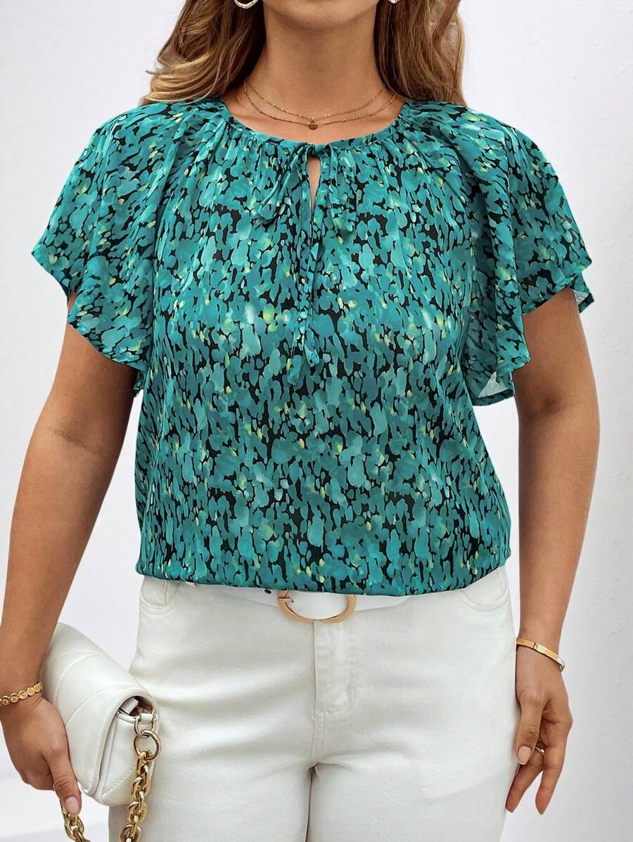 Chikora 大码时尚印花荷叶边饰带上衣，女式休闲上衣，女式优雅上衣，女式上衣，夏季衬衫，度假，外出女式上衣，优雅 - 彩色 - 查看 1