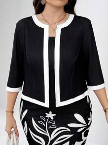 SHEIN Clasi 2 件套优雅简约大码连衣裙和夹克套装，女士夏季服装，女士两件套，两件套裙子，黑色西装，黑白定位印花，优雅西装，正式 - 黑與白 - 查看 4