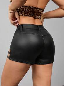 SHEIN Women's PU Coated Hollow Out Lace Up Zipper Fly Shorts - Black - View 2