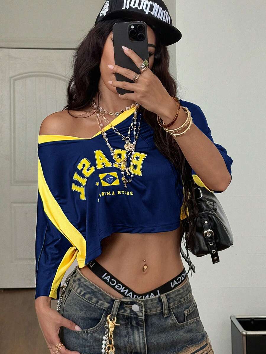 Coolane 女士夏季巴西狂欢节街头服饰 Y2K 外出运动装巴西图案拼布短款 T 恤