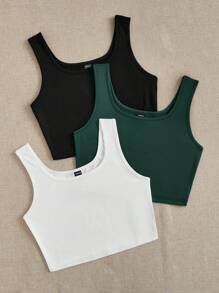 SHEIN EZwear 多件休闲简约黑、白、绿适合夏季圆领修身大码女式吊带背心和背心 - 彩色 - 查看 4