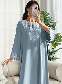 SHEIN Najma Váy hoa trang trí đính cườm tay loe cổ chữ V thanh lịch, phong cách Ả Rập, xuân/hè - Màu xanh bụi bặm - Xem 6