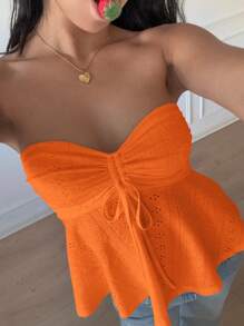 SHEIN EZwear Áo ống dệt kim mùa hè màu cam san hô - Màu Cam cháy - Xem 3