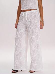 SHEIN BAE Women's Floral Jacquard Tie Waist Palazzo Loose Pants - White - View 6