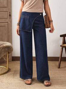 EMERY ROSE Jeans décontractés à jambes larges de mode croisé unicolore pour femmes - Bleu azur - Voir 1
