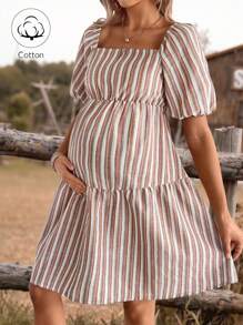 SHEIN 孕妇条纹方领泡泡袖短款休闲连衣裙 - 卡其色 - 查看 1