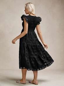 Wildy 女士度假褶皱设计褶皱盖袖优雅中长连衣裙