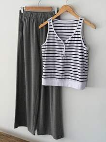 DAZY 条纹背心和纯色直筒裤女式睡衣套装 - 白色 - 查看 7