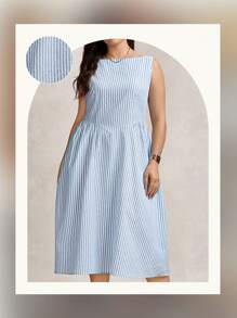 Zelara Plus Size Summer Striped Round Neck Sleeveless Ruched Casual Work Dress,Old Money Style Women - Blue and White - View 4