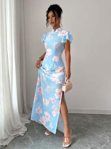 Elenzga Robe imprimée en mousseline asymétrique à col volant avec boutons à la taille et coupe évasée. Élégante, romantique et adaptée à la vie quotidienne et aux vacances. - Bleu ciel - Voir 4