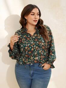 Reflora Plus Floral Print Tie Neck Flounce Sleeve Blouse - Multicolor - View 5