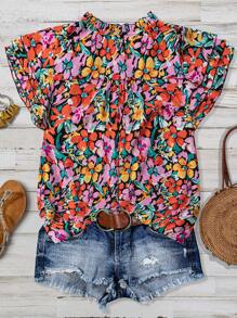 SHEIN LUNE CURVE 大码女式花卉印花 V 领罩衫 3/4 袖休闲夏季衬衫，日常和节日穿着 - 黑色 - 查看 2