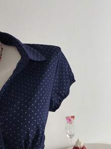 Elamini Polka Dot Print Lapel Collar Fitted Short Sleeve Blouse For Women