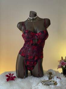Aloruh Lingerie sexy et chic en dentelle violet foncé ajustée et dos nu en une pièce pour femmes - Prune - Voir 7