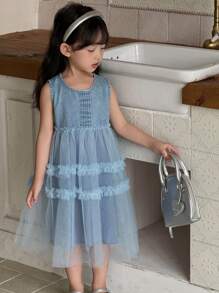 DAZY Young Girl' Round Neck Mesh Patchwork Sleeveless Denim Dress, Fresh Summer Style