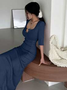 DAZY Damen Einfarbig Kleid mit rundem Ausschnitt, halboffen, anliegend, Langarm, für Frühling/Sommer - marineblau - Übersicht 5