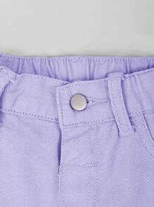 SHEIN 女婴新款时尚休闲牛仔短裤，直筒水洗牛仔裤 - 紫色 - 查看 6