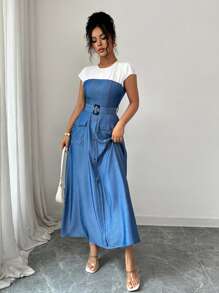 Rafferiza 优雅通勤口袋装饰扣领盖袖腰带合身蓝白连衣裙 - 藍色 - 查看 3