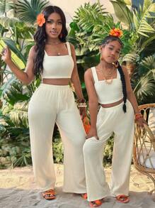Tween Girl Solid Crop Cami Top & Wide Leg Pants Two Pieces Set,Mommy And Me Matching Outfits(2 Sets Are Sold Separately) - White - View 1
