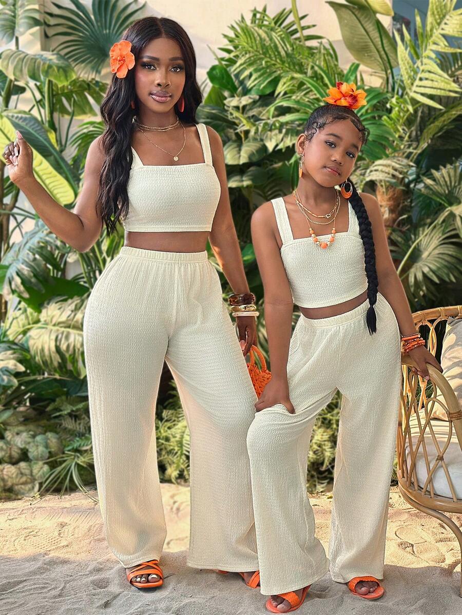 Tween Girl Solid Crop Cami Top & Wide Leg Pants Two Pieces Set,Mommy And Me Matching Outfits(2 Sets Are Sold Separately) - White - View 1