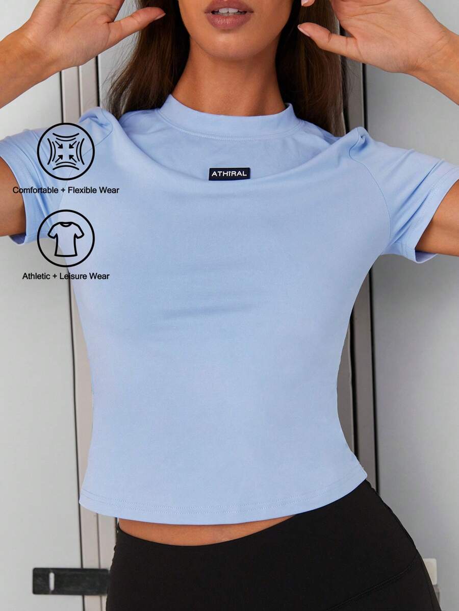Athîral 休闲百搭简约纯色字母徽标图案 T 恤 - 藍色 - 查看 1