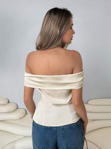 Roylia 1pc Solid Color Pleated Satin Summer Elegant Blouse , Off Shoulder Top - Champagne - View 2
