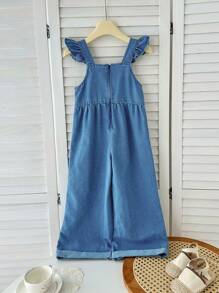 SHEIN LMoss Kids 年轻女孩的花朵图案蓝色牛仔花卉荷叶边连体裤