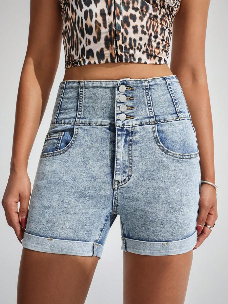 SHEIN EZwear Women's Light-Color Retro Casual Denim Shorts - Light Wash - View 1