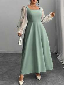 Modelyn 大码女式蝴蝶结拼色方领连衣裙 - 綠色 - 查看 4