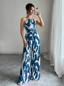 SHEIN PETITE 女士印花面料束腰连体裤，优雅度假和日常穿着