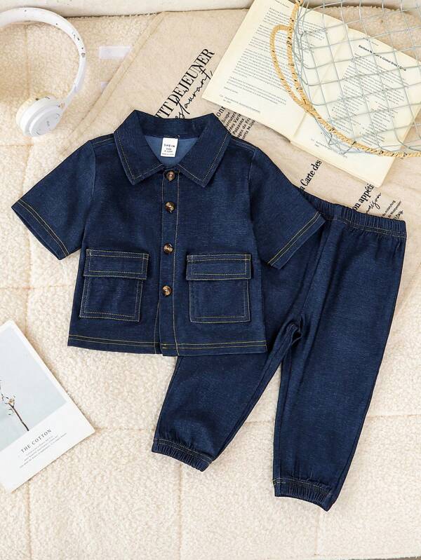 2pcs Toddler Boy Fashionable Korean Style Pocket Decor Shirt Short Sleeve + Blue Long Pants Set, Suitable For Everyday Outdoor Wear, Spring/Summer Toddler Boy Dress Clothes Boy Baby Clothes Baby Boys Sets Suits For Baby Boy Boy Clothes Set Boy Clothes For Toddler