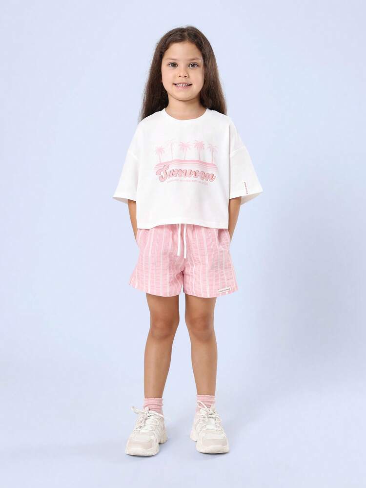 Palm Print Crop T-Shirt Striped Shorts Co-Ord